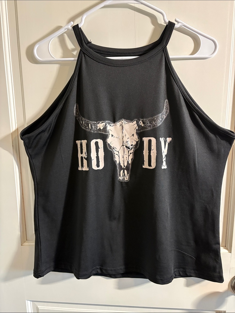 Black 'Howdy' Skull Graphic Halter Tank Top